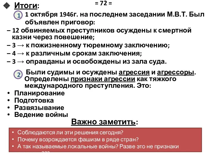 Итоги: 1 октября 1946г. на последнем заседании М.В.Т. Был объявлен