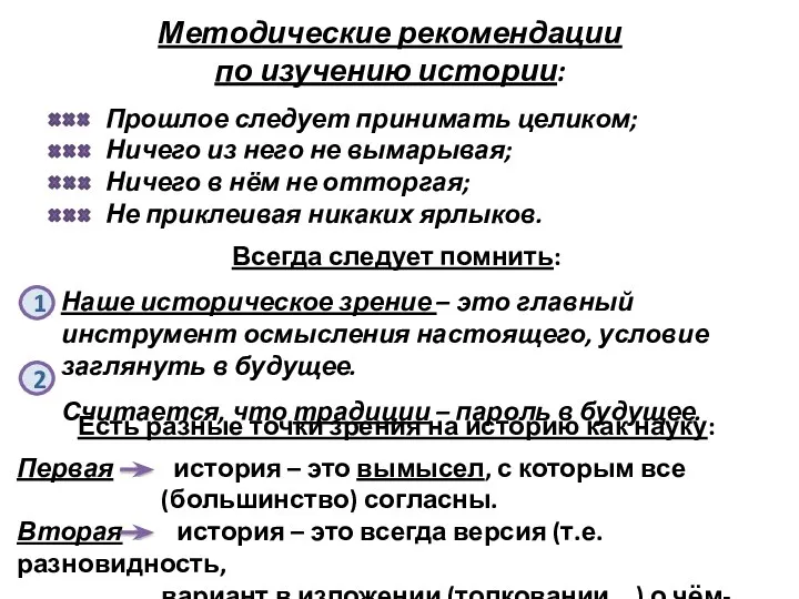 Методические рекомендации по изучению истории: Прошлое следует принимать целиком; Ничего