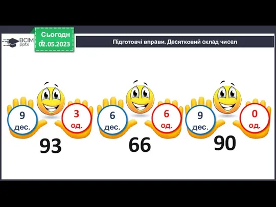 02.05.2023 Сьогодні 93 Підготовчі вправи. Десятковий склад чисел 9 дес.