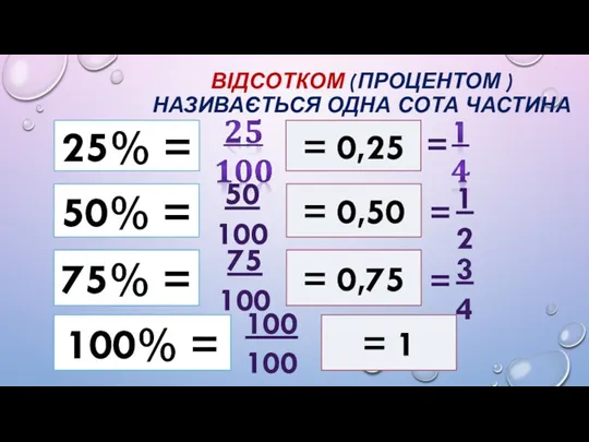 ВІДСОТКОМ (ПРОЦЕНТОМ ) НАЗИВАЄТЬСЯ ОДНА СОТА ЧАСТИНА = 0,50 50%