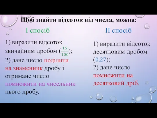 Щоб знайти відсоток від числа, можна: І спосіб ІІ спосіб