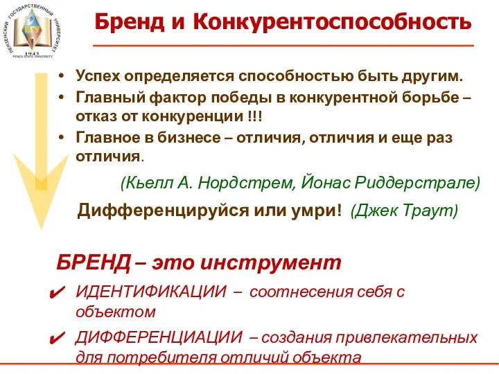 Бренд и Конкурентоспособность Успех определяется способностью быть другим. Главный фактор