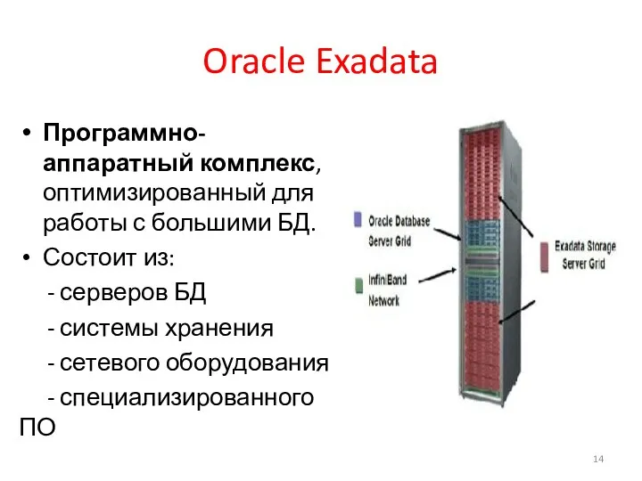 Oracle Exadata Программно-аппаратный комплекс, оптимизированный для работы с большими БД. Состоит из: -