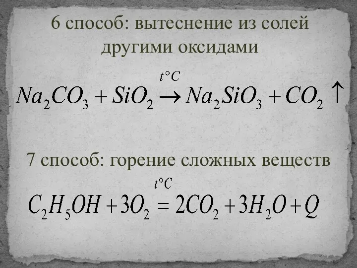 7 способ: горение сложных веществ 6 способ: вытеснение из солей другими оксидами