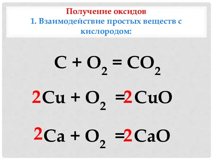 Получение оксидов 1. Взаимодействие простых веществ с кислородом: С +