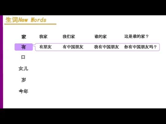 家 有 口 女儿 岁 今年 我家 我们家 谁的家 这是谁的家？ 有朋友 有中国朋友 我有中国朋友 你有中国朋友吗？