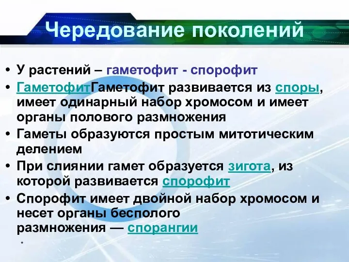 * Чередование поколений У растений – гаметофит - спорофит ГаметофитГаметофит