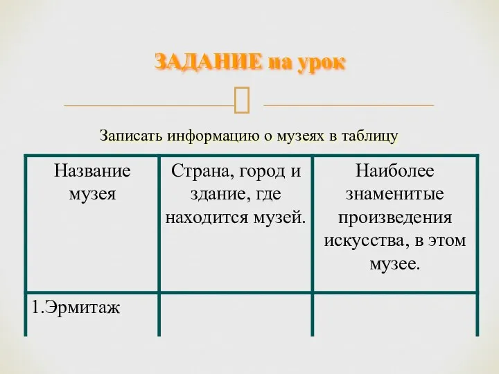 Записать информацию о музеях в таблицу ЗАДАНИЕ на урок