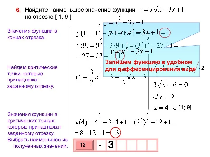 Найдите наименьшее значение функции на отрезке [ 1; 9 ]