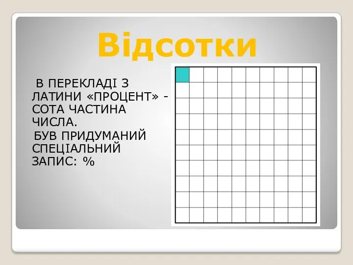 Відсотки В ПЕРЕКЛАДІ З ЛАТИНИ «ПРОЦЕНТ» - СОТА ЧАСТИНА ЧИСЛА. БУВ ПРИДУМАНИЙ СПЕЦІАЛЬНИЙ ЗАПИС: %