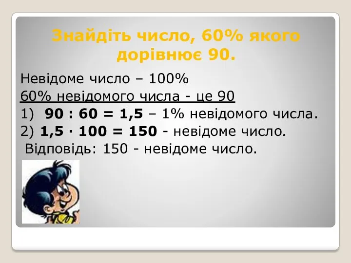 Знайдіть число, 60% якого дорівнює 90. Невідоме число – 100%