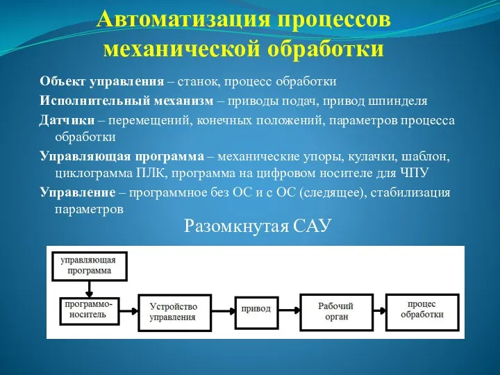 Автоматизация процессов механической обработки Разомкнутая САУ Объект управления – станок,