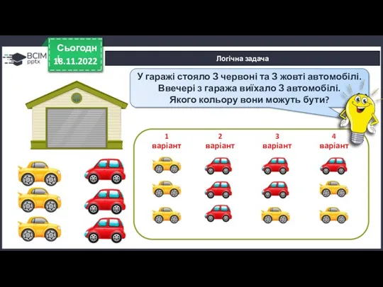 18.11.2022 Сьогодні У гаражі стояло З червоні та З жовті автомобілі. Ввечері з