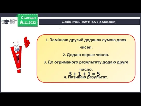 Довідничок. ПАМ'ЯТКА 1 (додавання) 18.11.2022 Сьогодні 1. Замінюю другий доданок