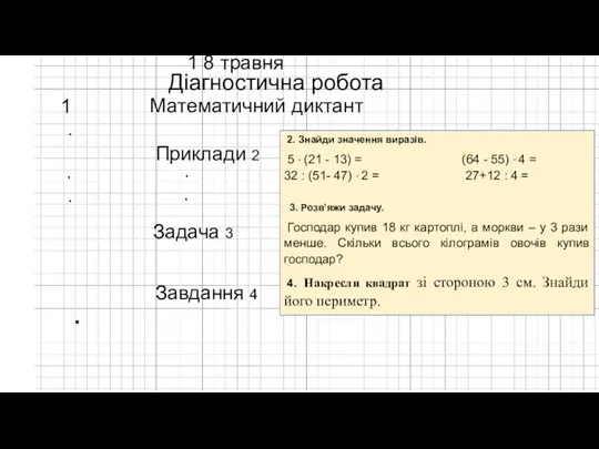 1 8 травня Діагностична робота Математичний диктант . Приклади 2