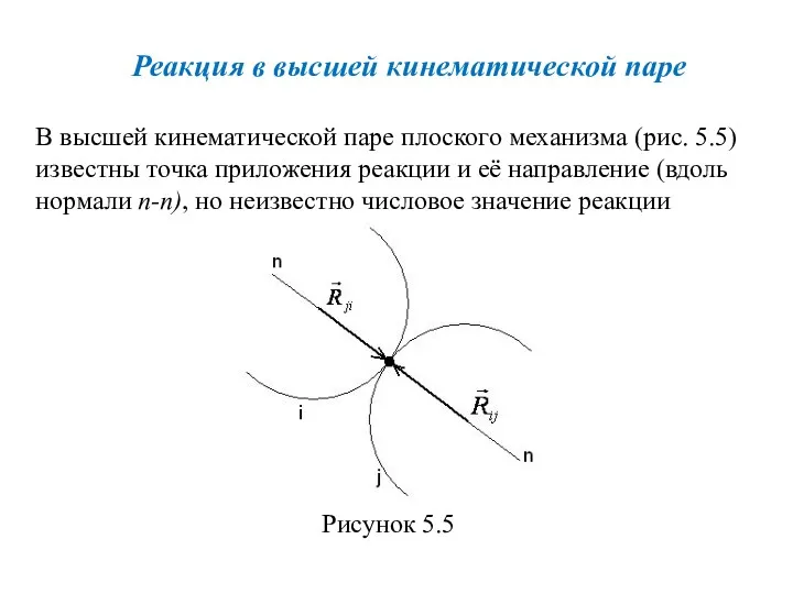 Реакция в высшей кинематической паре В высшей кинематической паре плоского механизма (рис. 5.5)
