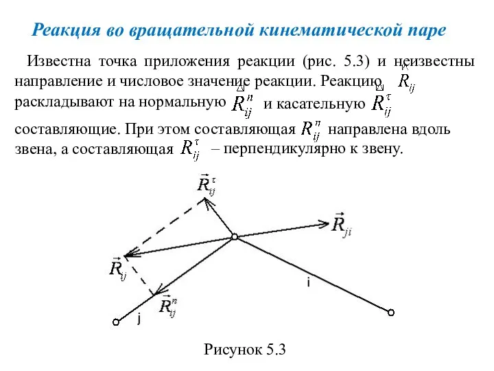 Реакция во вращательной кинематической паре Известна точка приложения реакции (рис. 5.3) и неизвестны