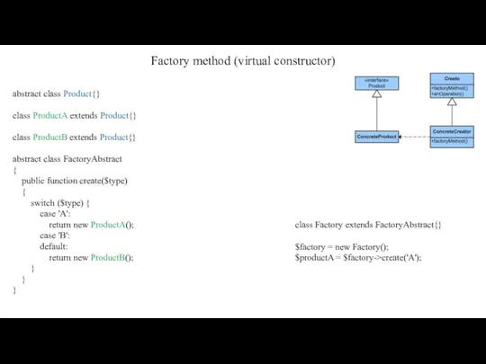 Factory method (virtual constructor) abstract class Product{} class ProductA extends