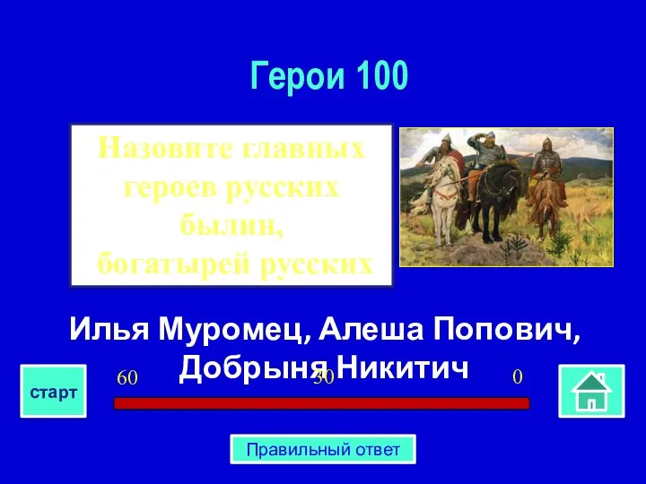 Илья Муромец, Алеша Попович, Добрыня Никитич Назовите главных героев русских