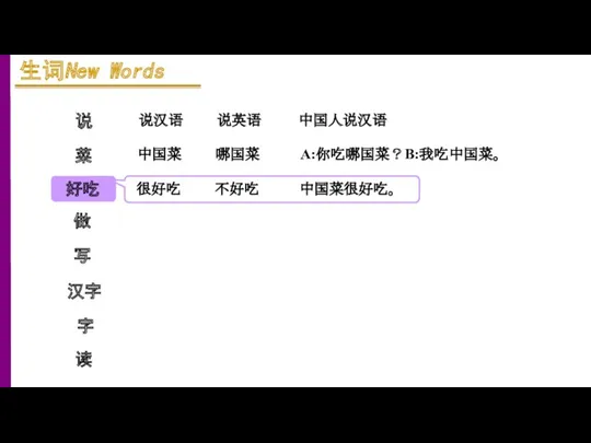 说 菜 好吃 说汉语 说英语 做 写 汉字 中国人说汉语 字