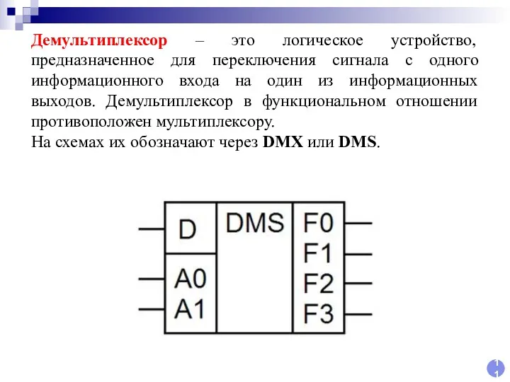11 Демультиплексор – это логическое устройство, предназначенное для переключения сигнала