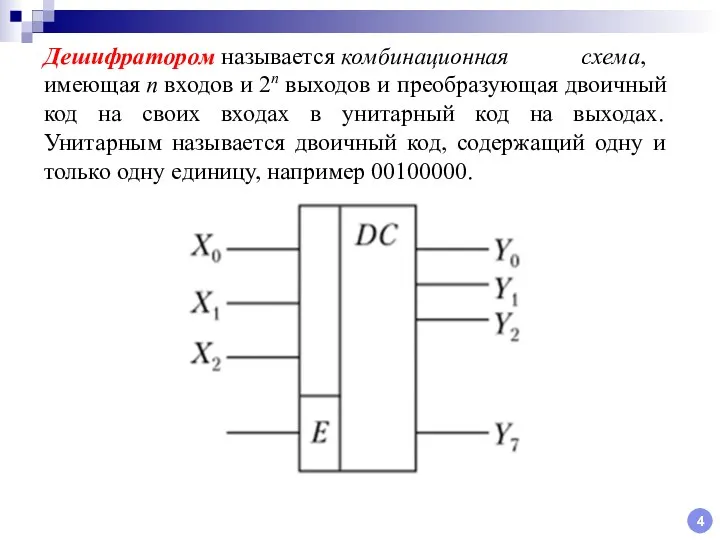 4 Дешифратором называется комбинационная схема, имеющая n входов и 2n выходов и преобразующая