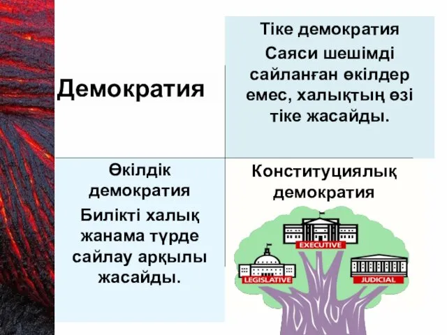 Демократия Тіке демократия Саяси шешімді сайланған өкілдер емес, халықтың өзі