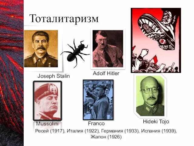 Тоталитаризм Mussolini Adolf Hitler Franco Hideki Tojo Joseph Stalin Ресей