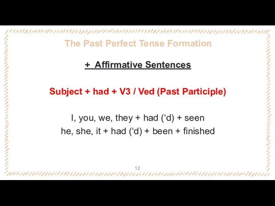 The Past Perfect Tense Formation + Affirmative Sentences Subject +