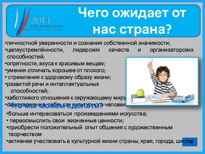 Чего ожидает от нас страна? личностной уверенности и сознания собственной значимости; целеустремлённости, лидерских