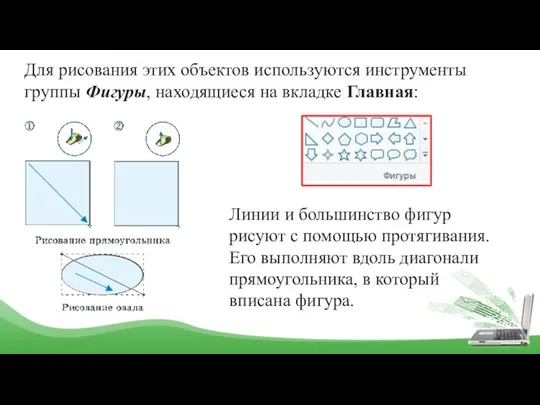 Для рисования этих объектов используются инструменты группы Фигуры, находящиеся на