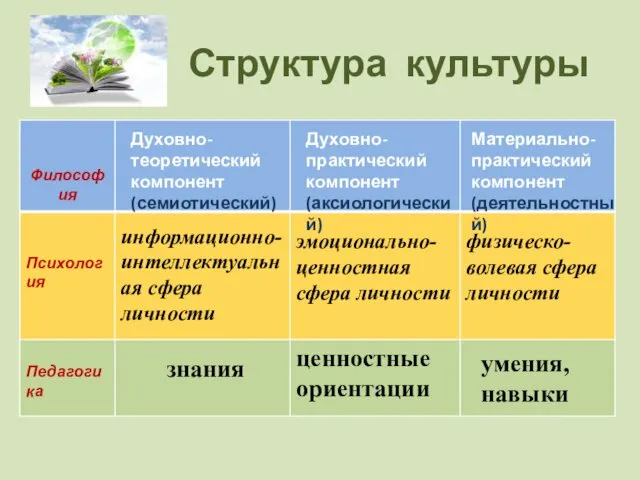 Структура культуры Духовно-теоретический компонент (семиотический) Духовно-практический компонент (аксиологический) Материально-практический компонент