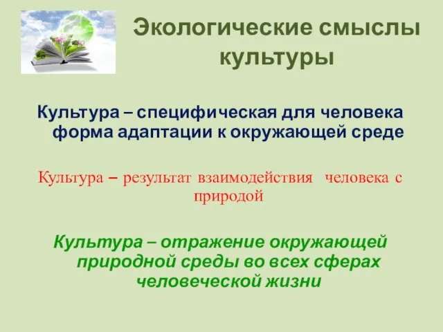 Экологические смыслы культуры Культура – специфическая для человека форма адаптации