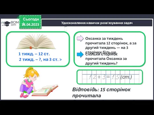 18.04.2023 Сьогодні Оксанка за тиждень прочитала 12 сторінок, а за