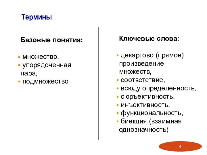 Термины Ключевые слова: декартово (прямое) произведение множеств, соответствие, всюду определенность,