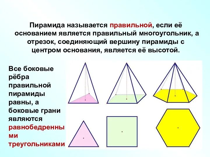 Пирамида называется правильной, если её основанием является правильный многоугольник, а