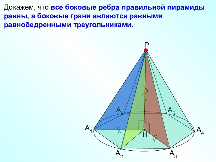 Докажем, что все боковые ребра правильной пирамиды равны, а боковые