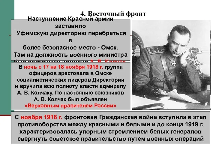 4. Восточный фронт Наступление Красной армии заставило Уфимскую директорию перебраться в более безопасное