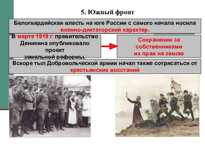 5. Южный фронт Белогвардейская власть на юге России с самого начала носила военно-диктаторский