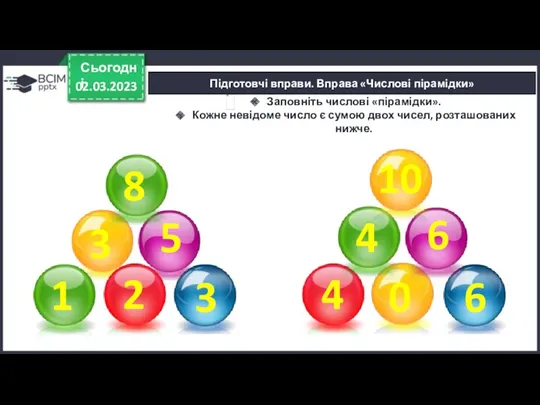 Підготовчі вправи. Вправа «Числові пірамідки» 02.03.2023 Сьогодні 5 3 3