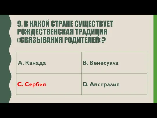 9. В КАКОЙ СТРАНЕ СУЩЕСТВУЕТ РОЖДЕСТВЕНСКАЯ ТРАДИЦИЯ «СВЯЗЫВАНИЯ РОДИТЕЛЕЙ»?