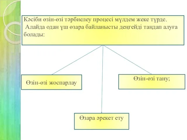 Кәсіби өзін-өзі тәрбиелеу процесі мүлдем жеке түрде. Алайда одан үш