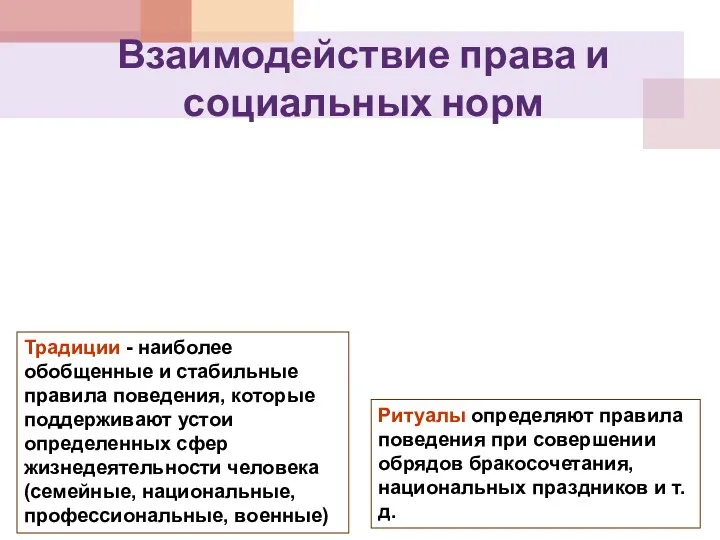 Взаимодействие права и социальных норм Ритуалы определяют правила поведения при