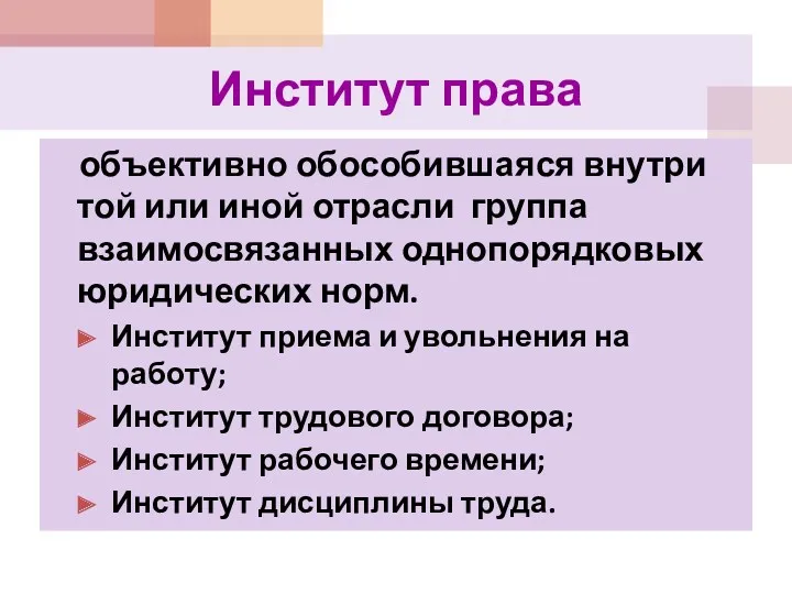 Институт права объективно обособившаяся внутри той или иной отрасли группа