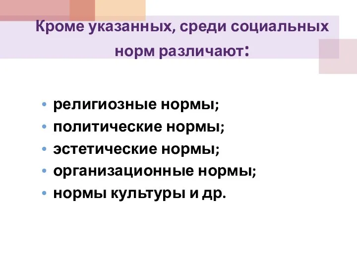 Кроме указанных, среди социальных норм различают: религиозные нормы; политические нормы;