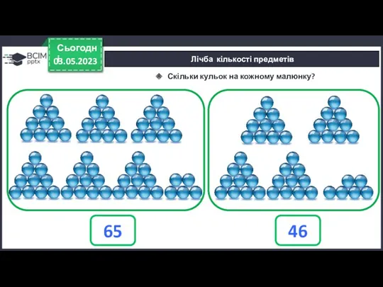 03.05.2023 Сьогодні Лічба кількості предметів Скільки кульок на кожному малюнку? 65 46