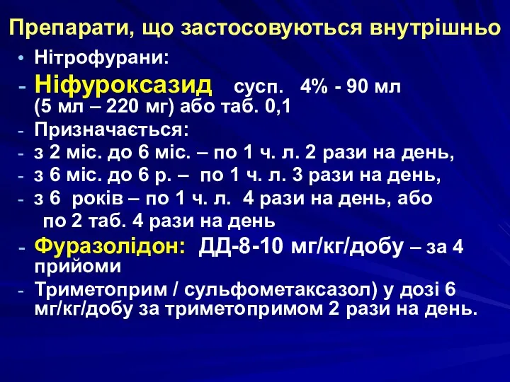 Препарати, що застосовуються внутрішньо Нітрофурани: Ніфуроксазид сусп. 4% - 90