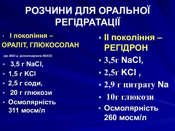 РОЗЧИНИ ДЛЯ ОРАЛЬНОЇ РЕГІДРАТАЦІЇ II покоління – РЕГІДРОН 3,5г NaCl,