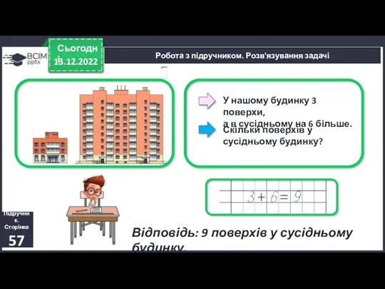 13.12.2022 Сьогодні Підручник. Сторінка 57 Робота з підручником. Розв'язування задачі