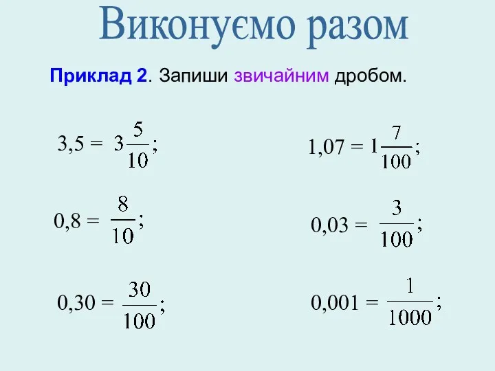 Приклад 2. Запиши звичайним дробом. 3,5 = 0,8 = 0,30